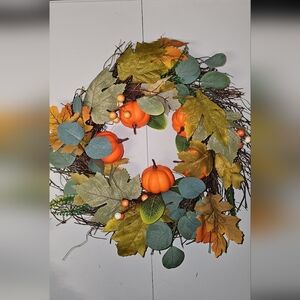Autumn Harvest Wreath with Orange Pumpkins
